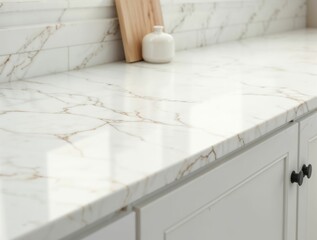Elegant white marble kitchen countertop with soft lighting