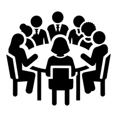 Office employees having corporate meeting around round table in flat vector style showing teamwork brainstorming strategic planning and business communication success