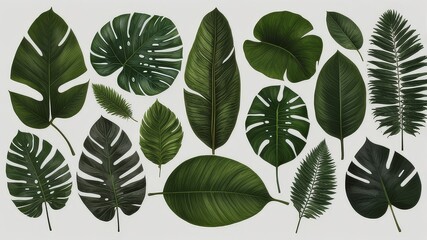 Tropical Foliage Collection Featuring Exotic Green Leaves on Neutral Background