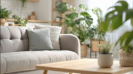 Modern Living Room with Soft Grey Sofa and Indoor Plants in Focus