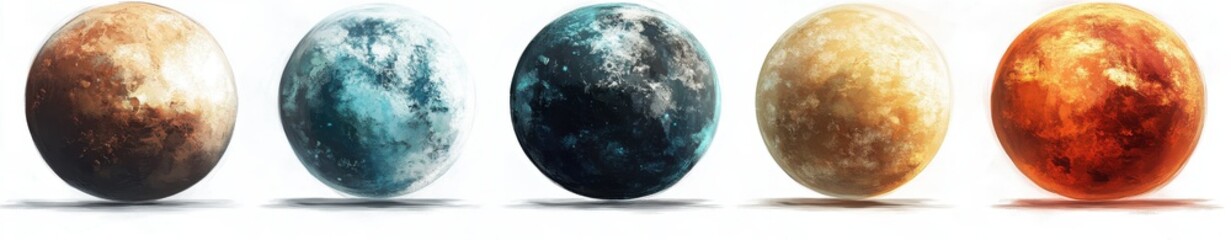 Five Diverse Textured Spheres in Various Colors on White Background
