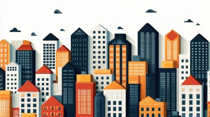 A cityscape with tall buildings in various colors and shapes, set against a white background.