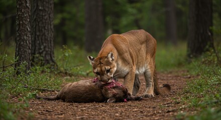 Fototapeta premium Cougar Feeding on Prey in Forest Undergrowth Revealing a Survival Scene