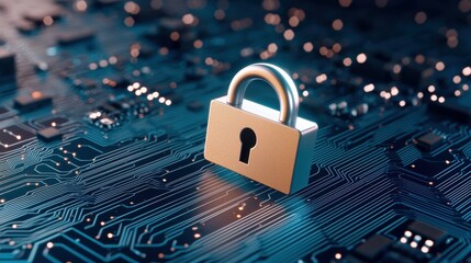 Stylized lock icon on circuit board technology digital security concept close-up futuristic environment tech innovation