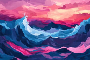 Colorful abstract landscape painting of mountains and waves.