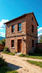 Obraz premium Rustic brick building against vibrant blue sky, countryside, weather, structure
