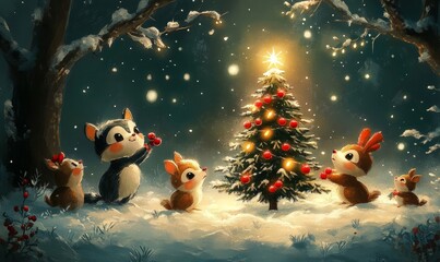 whimsical illustration of woodland creatures decorating a tiny Christmas tree with berries and glowing lights in a snowy clearing, Generative AI