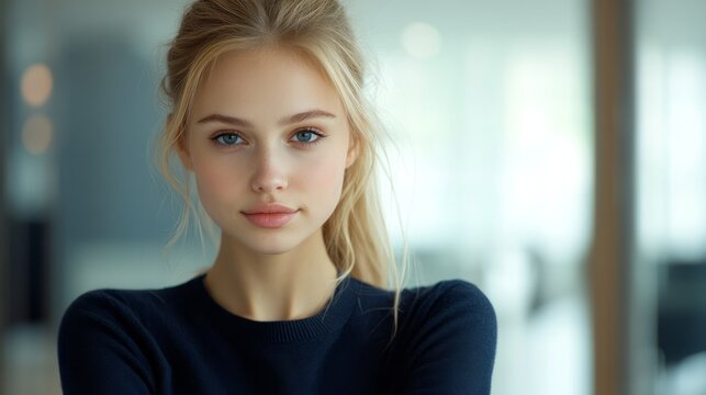 Close-up portrait of a young woman with a serene expression.