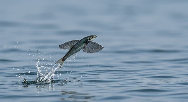 A captivating flying fish soaring above the shimmering ocean waters surface