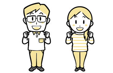 笑顔で応援する、普段着の若い夫婦