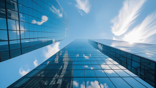 Modern skyscraper with glass facade reflecting blue sky. Corporate architecture photography for business branding or city marketing