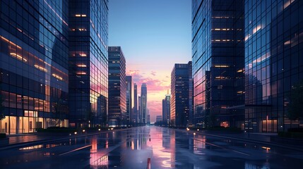 Cityscape with Glass Towers at Sunset