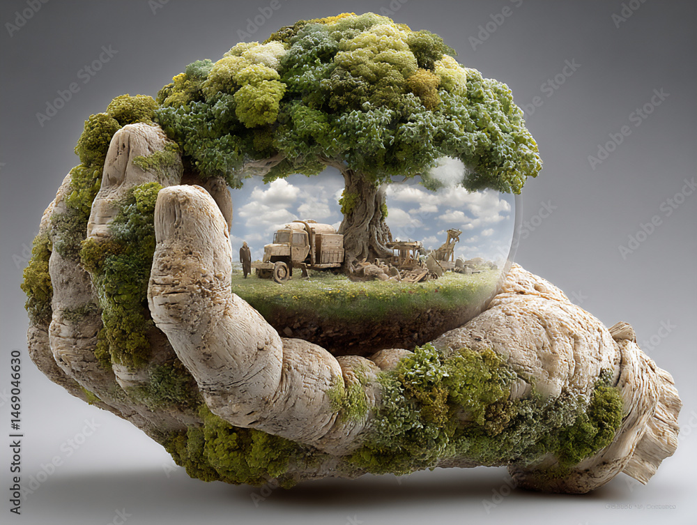 Poster a color image in a 3d rendering style depicting a small crystal ball held in the palm of a giant sto