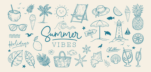 A Versatile Beach Summer Vacation Set of Hand Drawn Line Art Elements