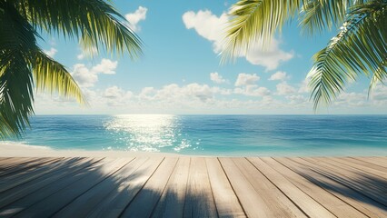 Scenic Tropical Beach View with Wooden Boardwalk and Palm Shadows – Summer Paradise Background