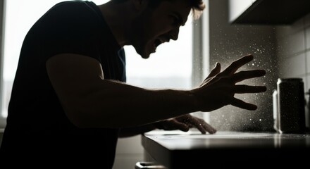 Man in silhouette expressing intense anger and frustration, dark mood