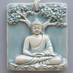 Peaceful Buddha meditating under a blossoming tree