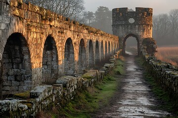 Ancient stone archway and path on a misty morning.