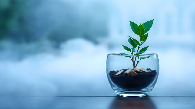 Green plant growing in glass container on reflective surface perfect for eco branding, sustainability blogs, and mindful living visuals