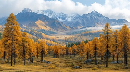 Autumnal Majesty: Golden Larch Forest Against a Snowy Mountain Range