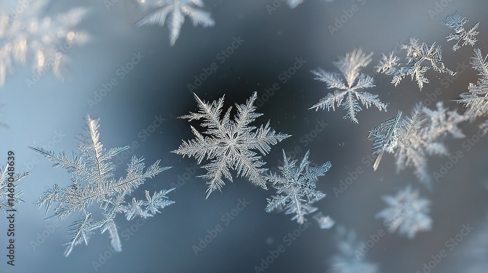 Poster delicate snowflake patterns on a frosted window pane