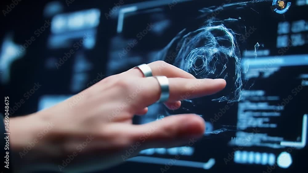 Poster interactive digital interface: hand interacting with holographic data