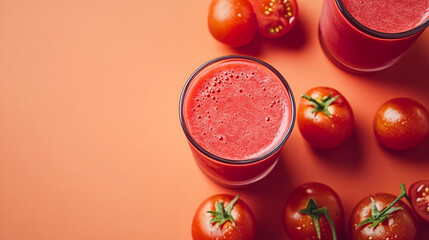 Top-down view of vibrant tomato juice in glasses, surrounded by fresh tomatoes on an orange background.  The juice and produce are arranged attractively.
