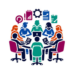 Professional business team working in office meeting room with corporate employees around desk in strategic planning discussion illustration showing teamwork and group coordination