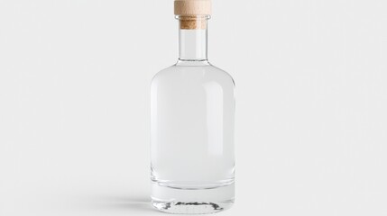 A clear glass bottle with a wooden cork stopper.