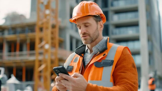 Construction Site Supervisor: A focused construction worker reviews important information on his mobile phone, demonstrating meticulous attention to detail on the job site.