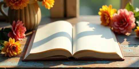 Open notebook, dried floral decor, sunlit, textured surface , natural light, craft