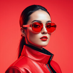 futuristic fashion concept featuring woman in red tinted glasses, set against duotone background. image captures sci fi aesthetic with bold colors and modern style