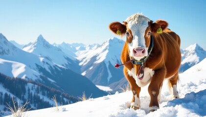 Brown & white cow snowboards, yellow collar, snowy mountain, winter sport, blue sky