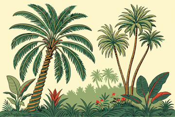195 tropical palm trees, lush jungle foliage, detailed botanical illustration, vintage, classical painting style, vibrant colors, photorealistic, highly detailed
