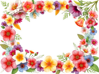 Fototapeta premium Vibrant Floral Frame PNG, Transparent Bloom Border Arrangement, Botanical Spring Overlay, Colorful Flower Illustration for Summer Wedding Invitation Cards