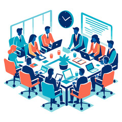 Business meeting illustration with diverse office people working together around conference table in professional teamwork environment concept vector for corporate planning strategy