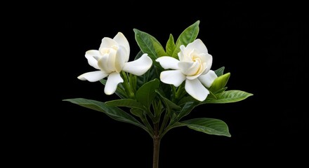 Obraz premium Elegant duo of gardenia blooms exhibiting delicate petals on a stark backdrop