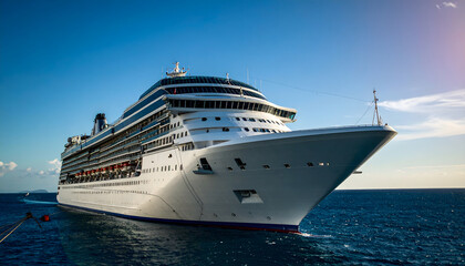 Close-Up of a Giant White Commercial Cruise Ship on the Ocean