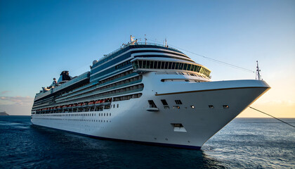 Close-Up of a Giant White Commercial Cruise Ship on the Ocean