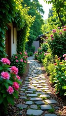 Naklejka premium Cobblestone path, flowering shrubs, secluded setting, macro, isolated
