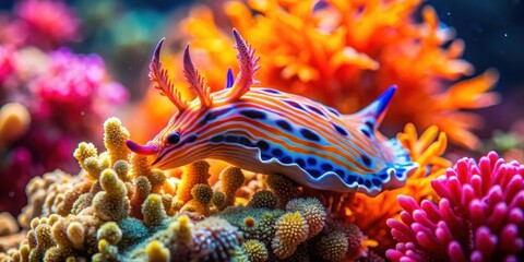 Vibrant coral reef teeming with life, featuring a nudibranch displaying its stunning colors and intricate patterns in the ocean's depths , oceanic ecosystem, soft corals