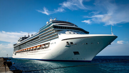 Close-Up of a Giant White Commercial Cruise Ship on the Ocean