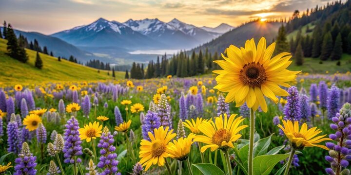 Blooming wildflowers amidst yellow arrow-leaf balsamroot and purple lupines in a hazy landscape, wildflower field, alpine landscape