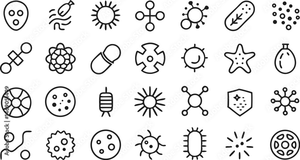 Poster bacteria microbe virus outline vector icon set, offering clear and simple representations of various