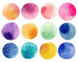 Fototapeta premium Twelve Vibrant Watercolor Circles on Transparent Background, PNG