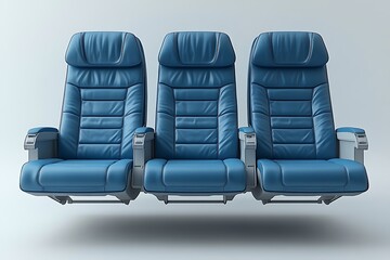 Naklejka premium Three comfortable blue airplane seats isolated against a soft white background