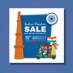 15th August Sale Poster Design with 80% Discount Offer, Ashoka Wheel, Qutub Minar on Blue and White Background.