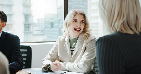 Office, business people and woman with laughing in meeting, financial project and investment...
