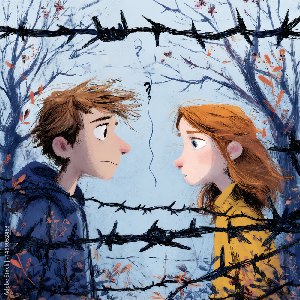 Aufkleber a clean digital illustration showing two individuals with sharp thorns and barbs extending towards e