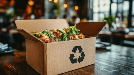 Grilled Chicken and Greens in Eco Friendly Takeout Box on Wooden Table
